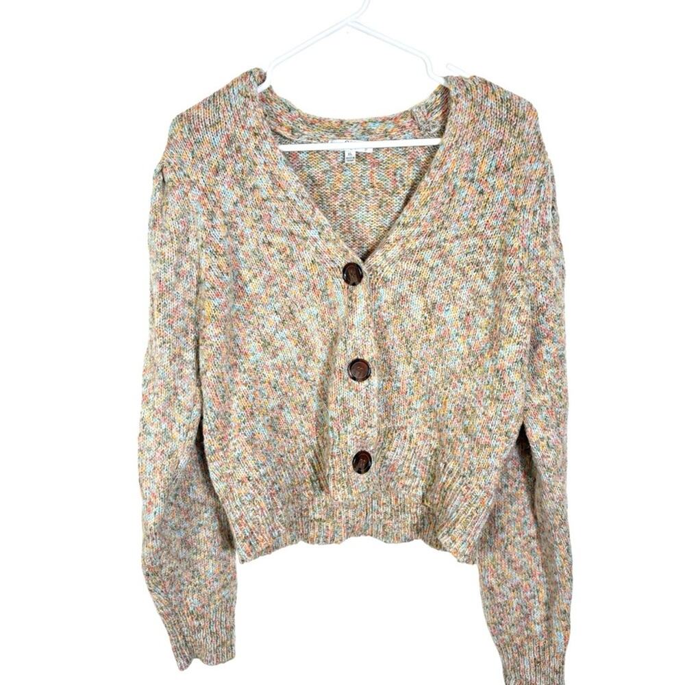 Q&A Confetti Multicolor Puff Sleeve V Neck Button Cardigan Size XL